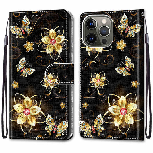 Pattern Printing Folio Flip Anti-Drop Leather Cover Wallet Stand Phone Case with Handy Strap for iPhone 13 Pro 6.1 inch
