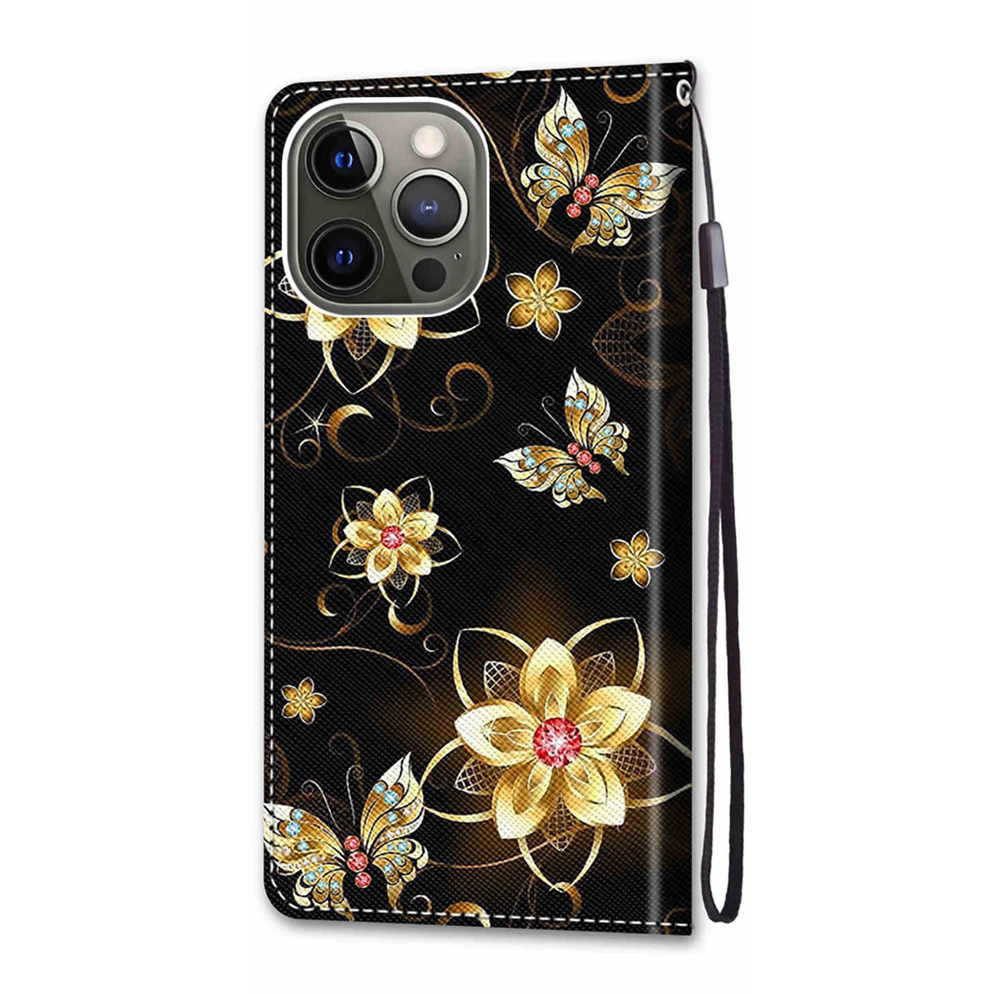 Pattern Printing Folio Flip Anti-Drop Leather Cover Wallet Stand Phone Case with Handy Strap for iPhone 13 Pro 6.1 inch