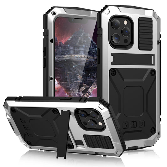 R-JUST Kickstand Silicone Armor Metal Shockproof Cover with Built-in Screen Protector for iPhone 13 Pro Max 6.7 inch