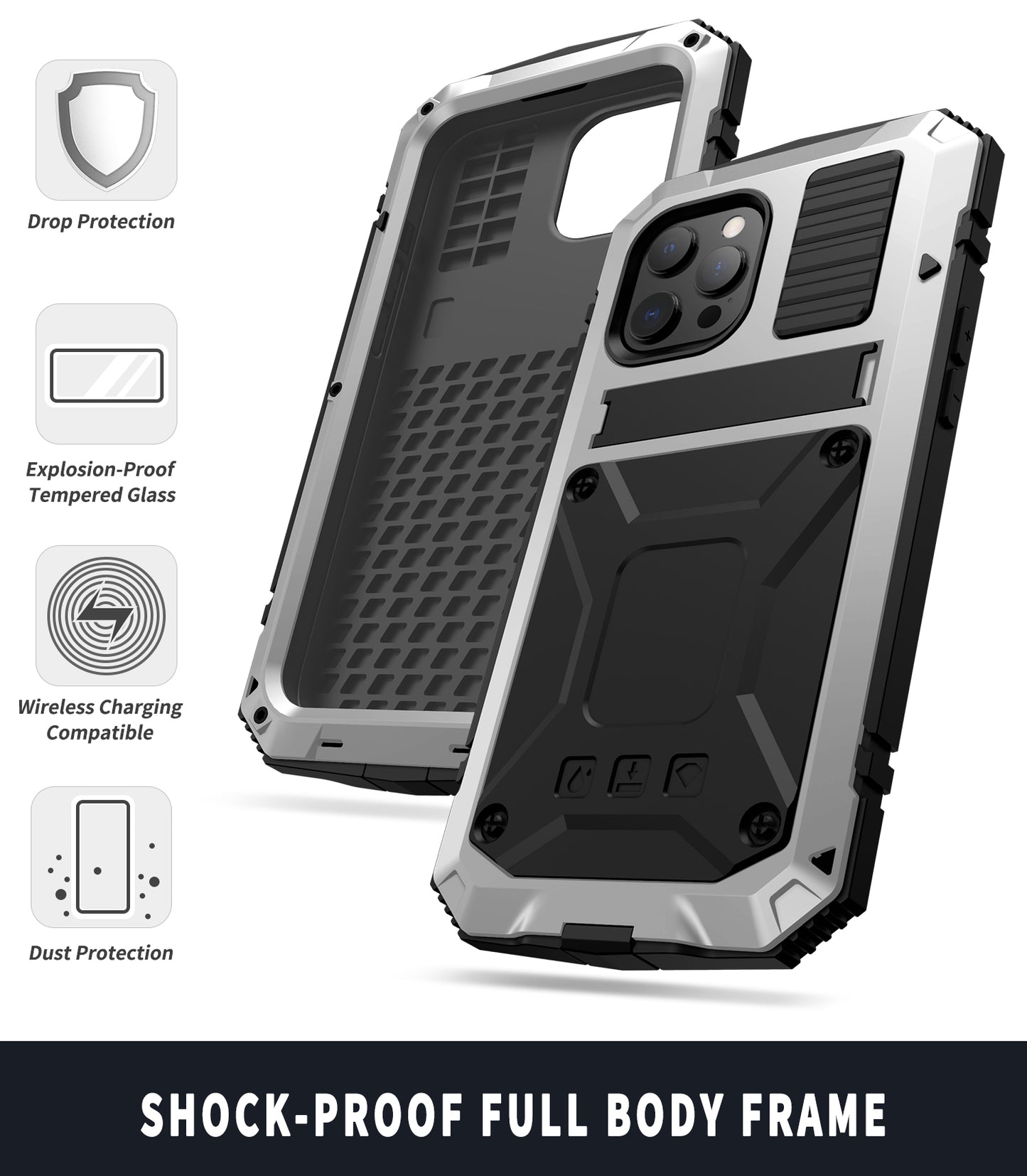 R-JUST Kickstand Silicone Armor Metal Shockproof Cover with Built-in Screen Protector for iPhone 13 Pro Max 6.7 inch