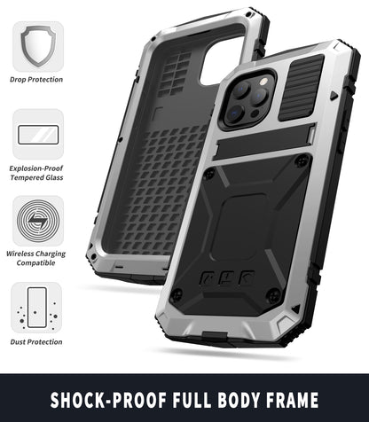 R-JUST Kickstand Silicone Armor Metal Shockproof Cover with Built-in Screen Protector for iPhone 13 Pro Max 6.7 inch