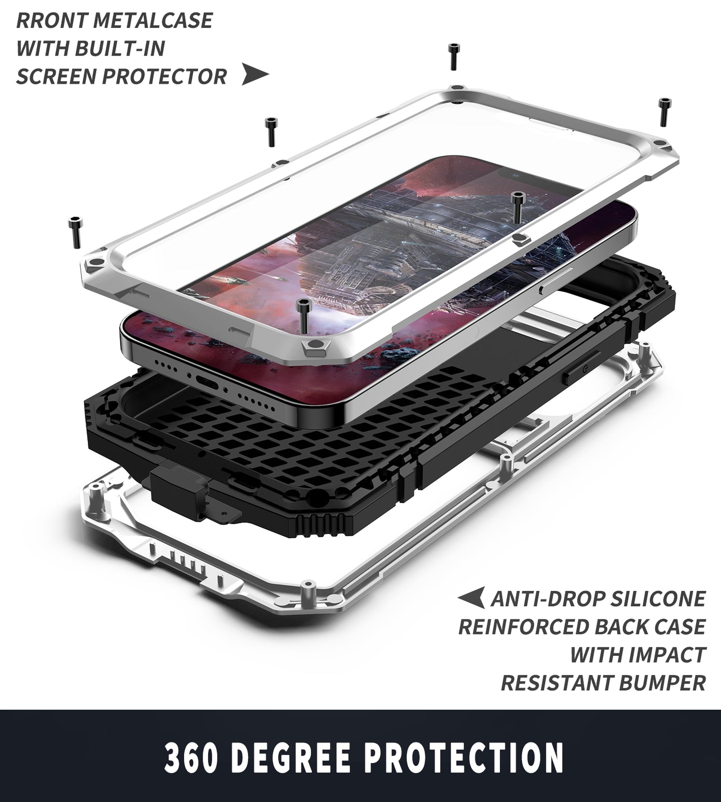 R-JUST Kickstand Silicone Armor Metal Shockproof Cover with Built-in Screen Protector for iPhone 13 Pro Max 6.7 inch