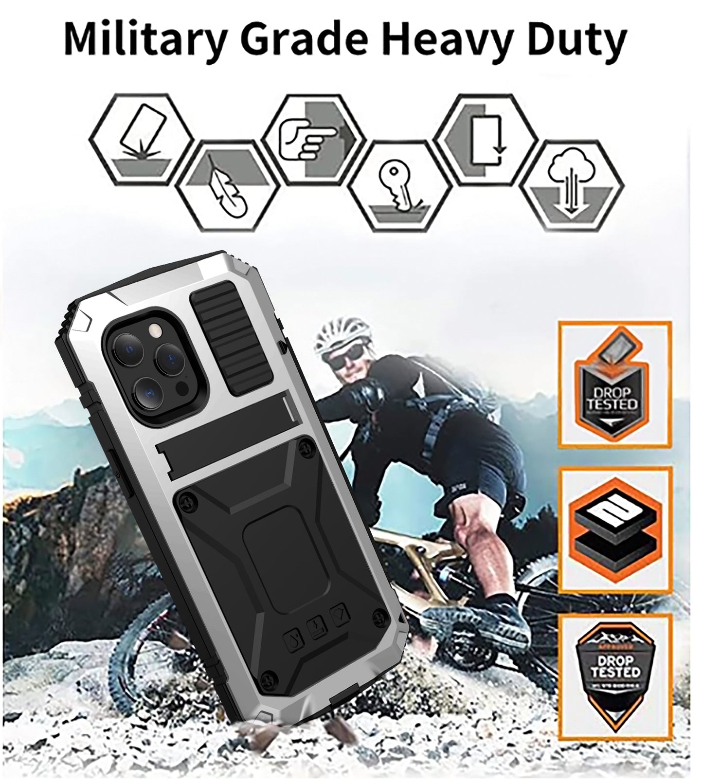 R-JUST Kickstand Silicone Armor Metal Shockproof Cover with Built-in Screen Protector for iPhone 13 Pro Max 6.7 inch