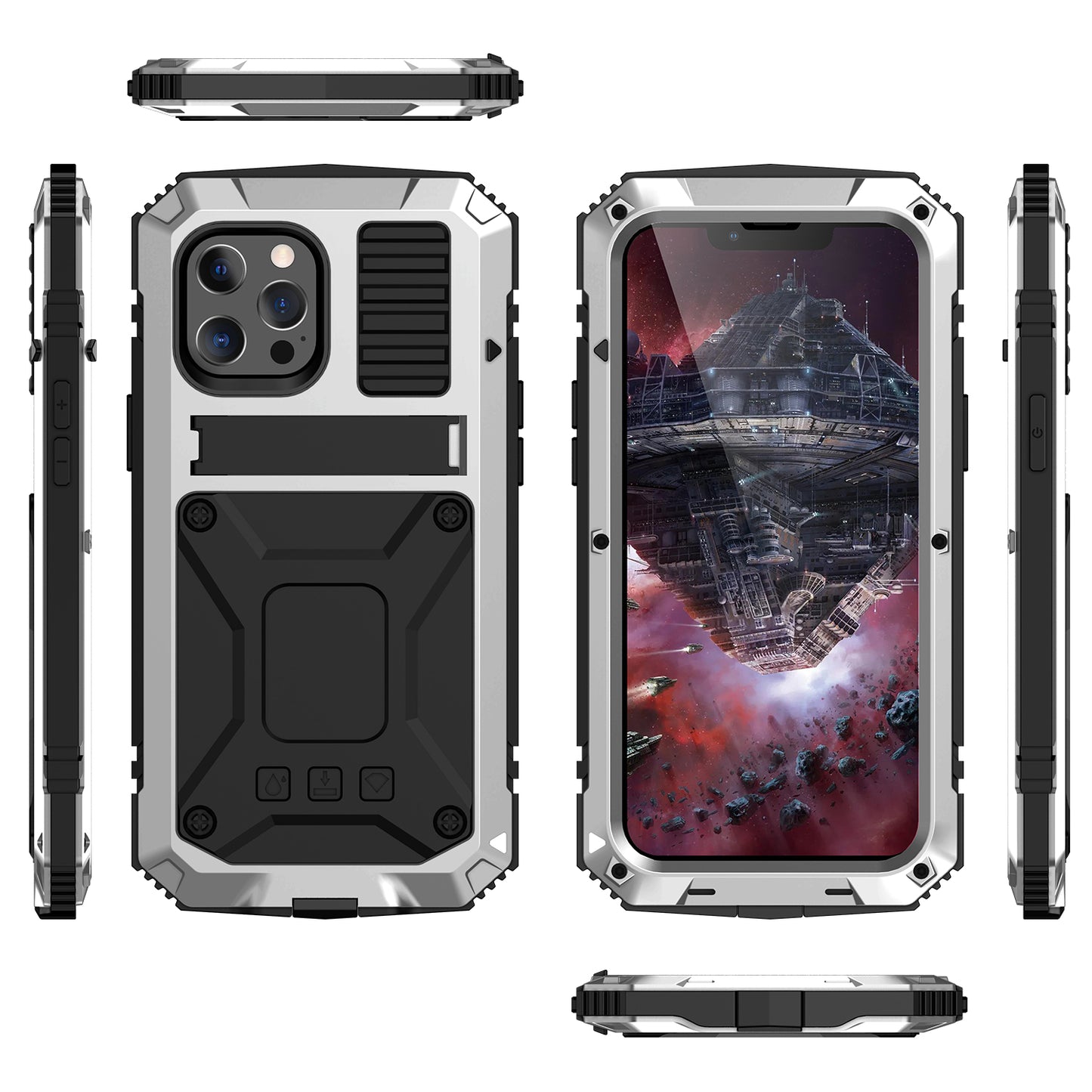 R-JUST Kickstand Silicone Armor Metal Shockproof Cover with Built-in Screen Protector for iPhone 13 Pro Max 6.7 inch