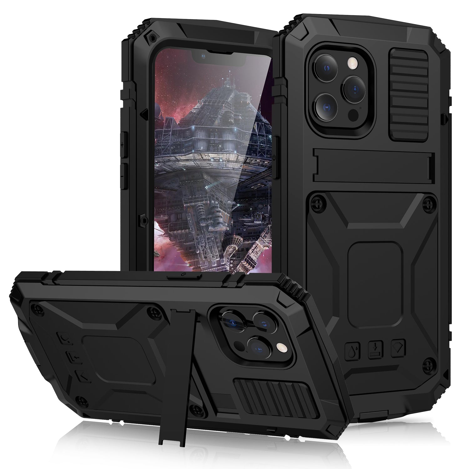 R-JUST Kickstand Silicone Armor Metal Shockproof Cover with Built-in Screen Protector for iPhone 13 Pro Max 6.7 inch