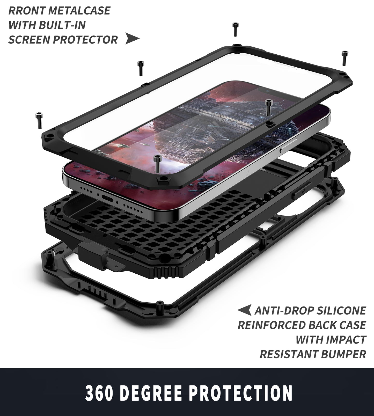 R-JUST Kickstand Silicone Armor Metal Shockproof Cover with Built-in Screen Protector for iPhone 13 Pro Max 6.7 inch