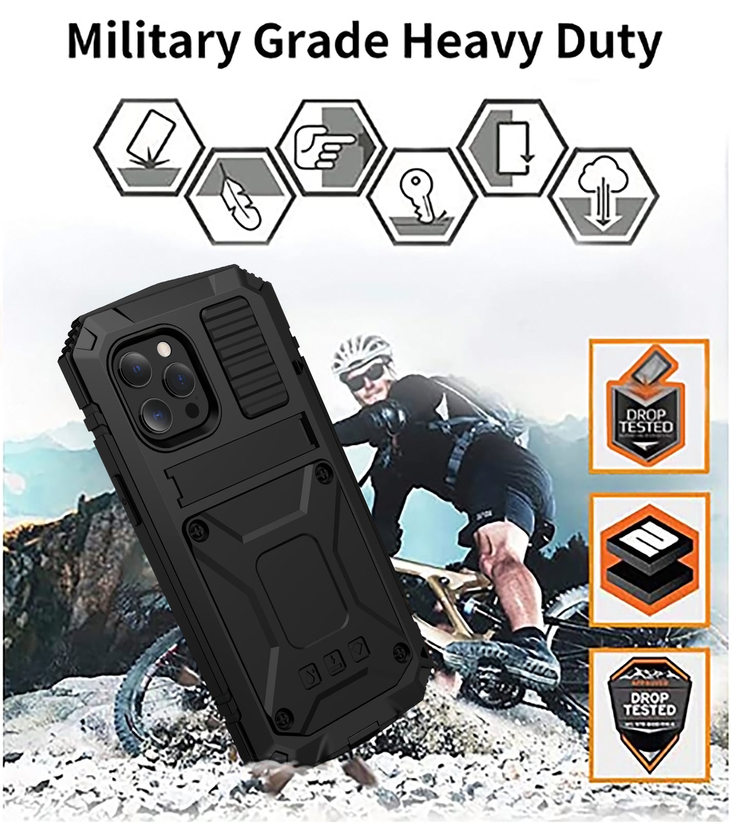 R-JUST Kickstand Silicone Armor Metal Shockproof Cover with Built-in Screen Protector for iPhone 13 Pro Max 6.7 inch