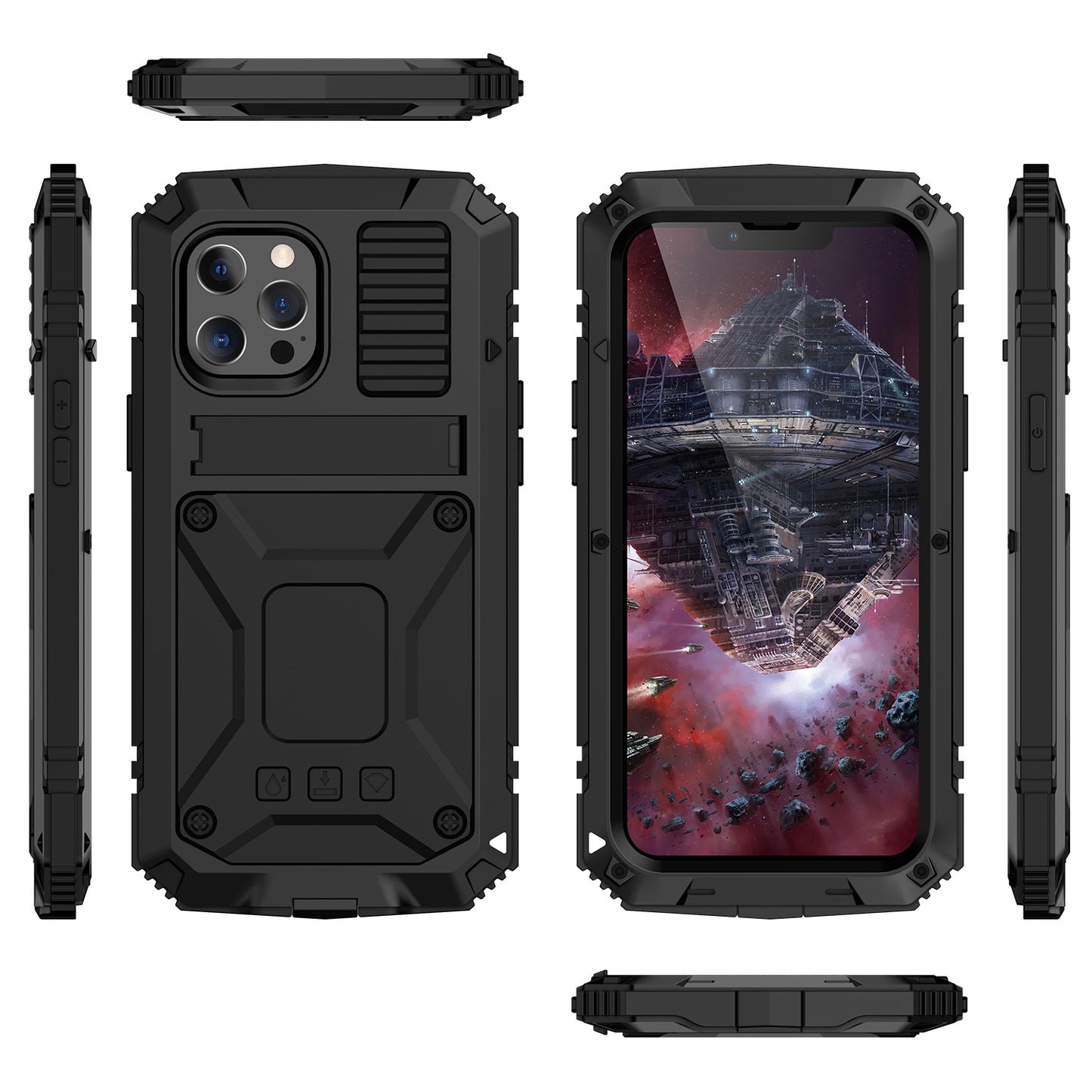 R-JUST Kickstand Silicone Armor Metal Shockproof Cover with Built-in Screen Protector for iPhone 13 Pro Max 6.7 inch