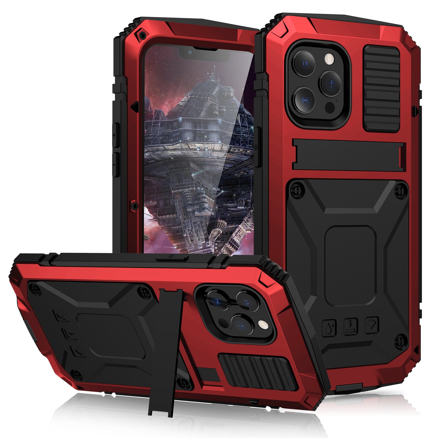 R-JUST Kickstand Silicone Armor Metal Shockproof Cover with Built-in Screen Protector for iPhone 13 Pro Max 6.7 inch