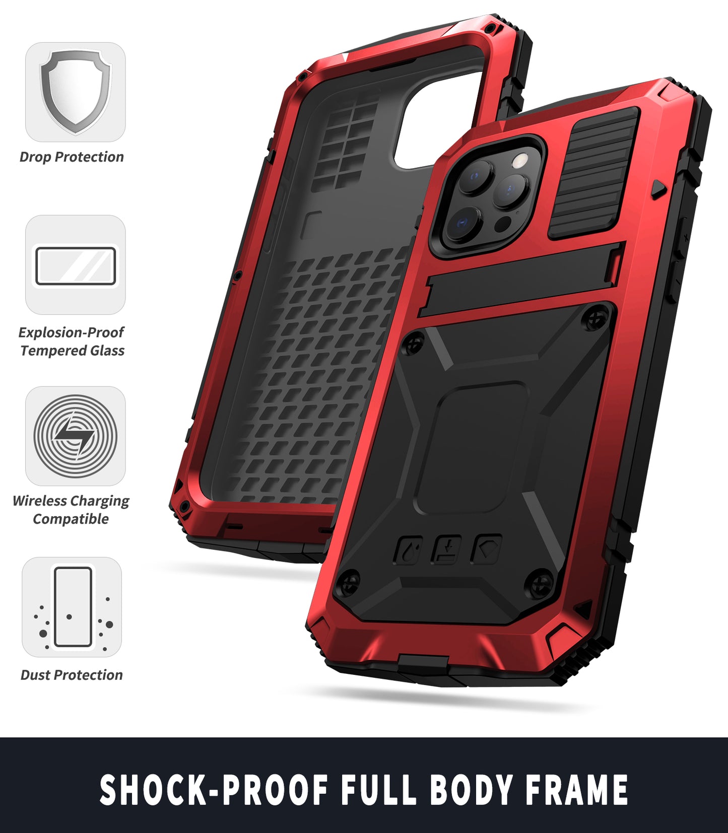 R-JUST Kickstand Silicone Armor Metal Shockproof Cover with Built-in Screen Protector for iPhone 13 Pro Max 6.7 inch