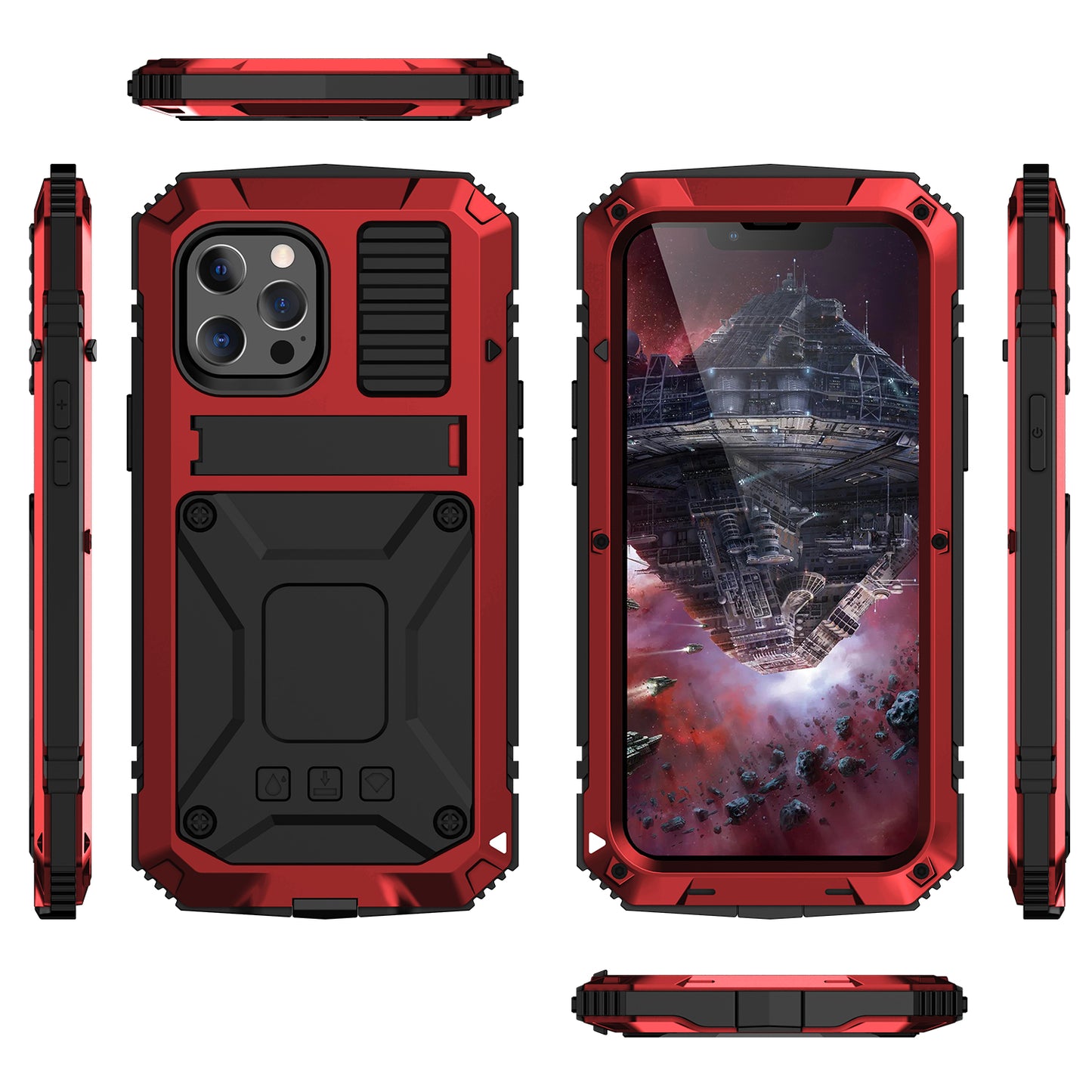 R-JUST Kickstand Silicone Armor Metal Shockproof Cover with Built-in Screen Protector for iPhone 13 Pro Max 6.7 inch
