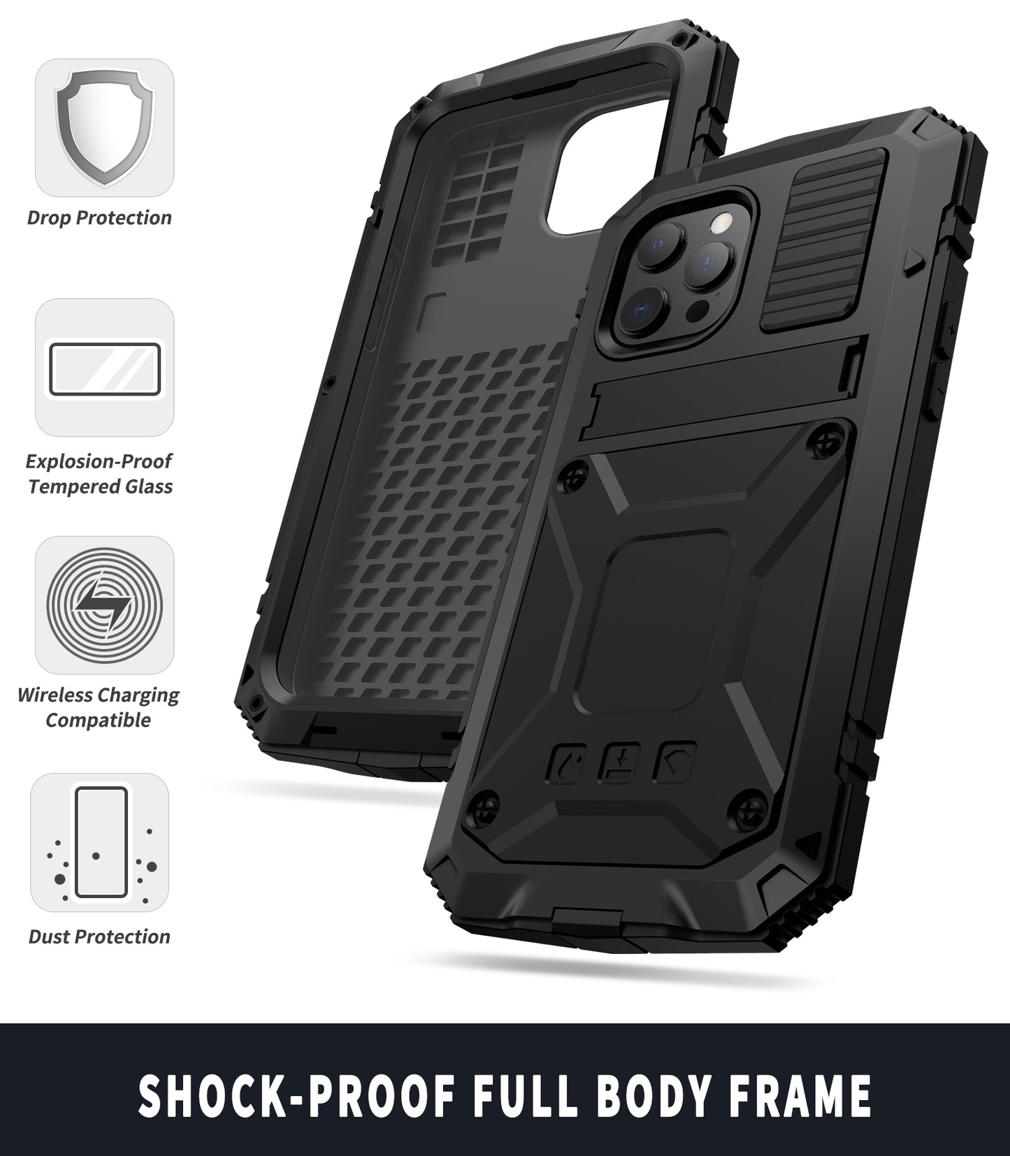 R-JUST Kickstand Full-Body Protective Cover Shockproof Metal Case with Built-in Screen Protector for iPhone 13 Pro 6.1 inch