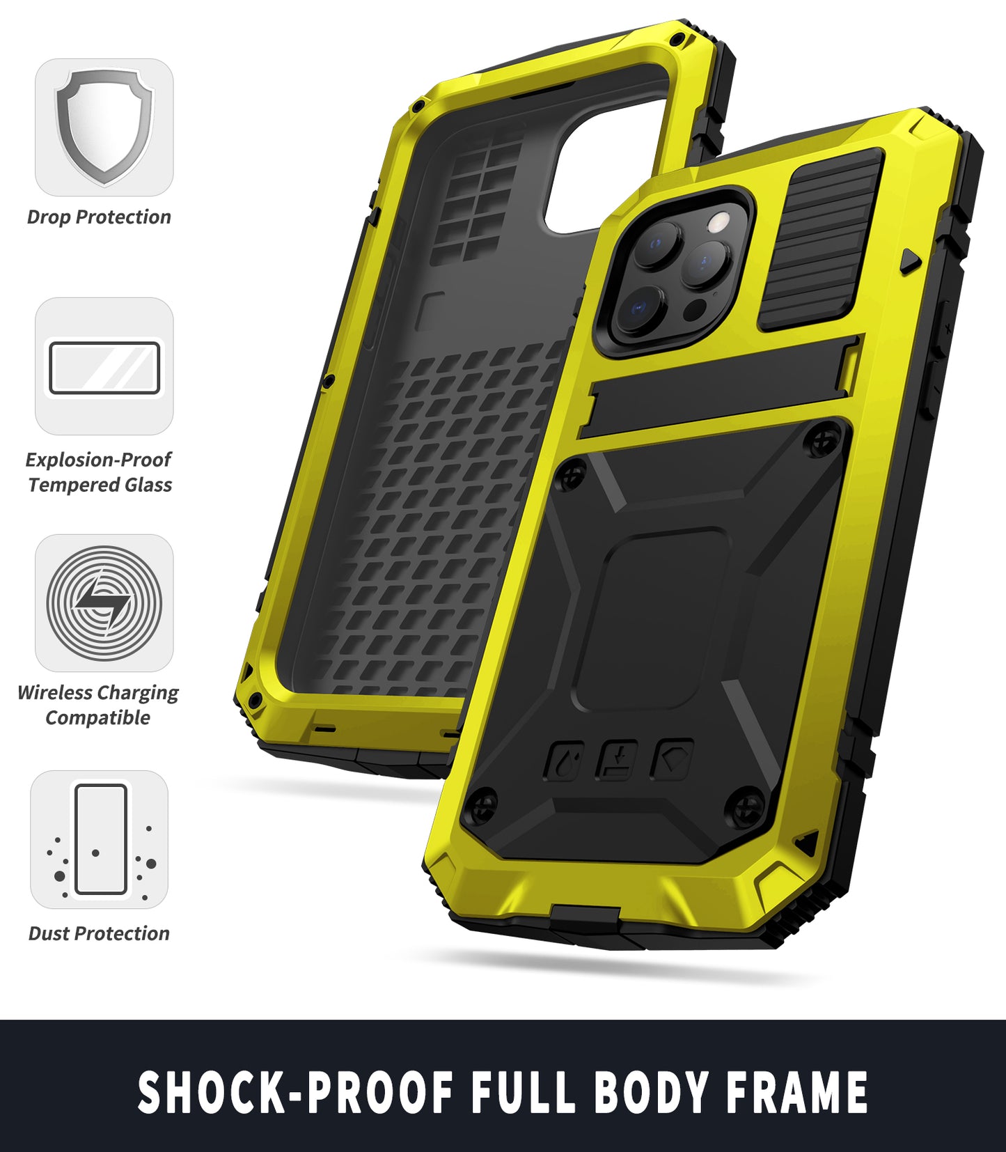 R-JUST Kickstand Full-Body Protective Cover Shockproof Metal Case with Built-in Screen Protector for iPhone 13 Pro 6.1 inch