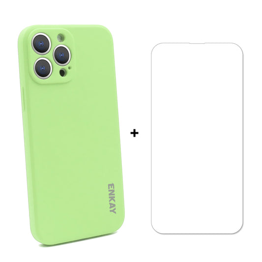 ENKAY HAT PRINCE Drop-Resistant Straight Edging Liquid Silicone Phone Cover Case + 0.26mm 9H 2.5D Strong Tempered Glass Ultra Clear Protector for iPhone 13 Pro 6.1 inch