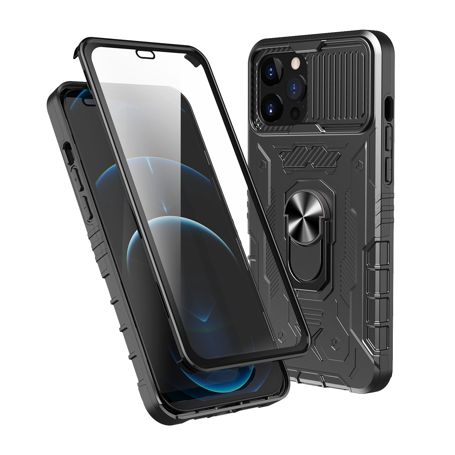 All-round Protection Hard PC + TPU Hybrid Phone Case Cover with Tempered Glass Film Kickstand for iPhone 13 Pro Max 6.7 inch