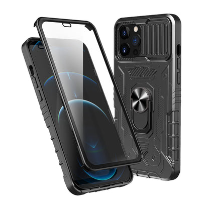 All-round Protection Hard PC + TPU Hybrid Phone Case Cover with Tempered Glass Film Kickstand for iPhone 13 Pro Max 6.7 inch