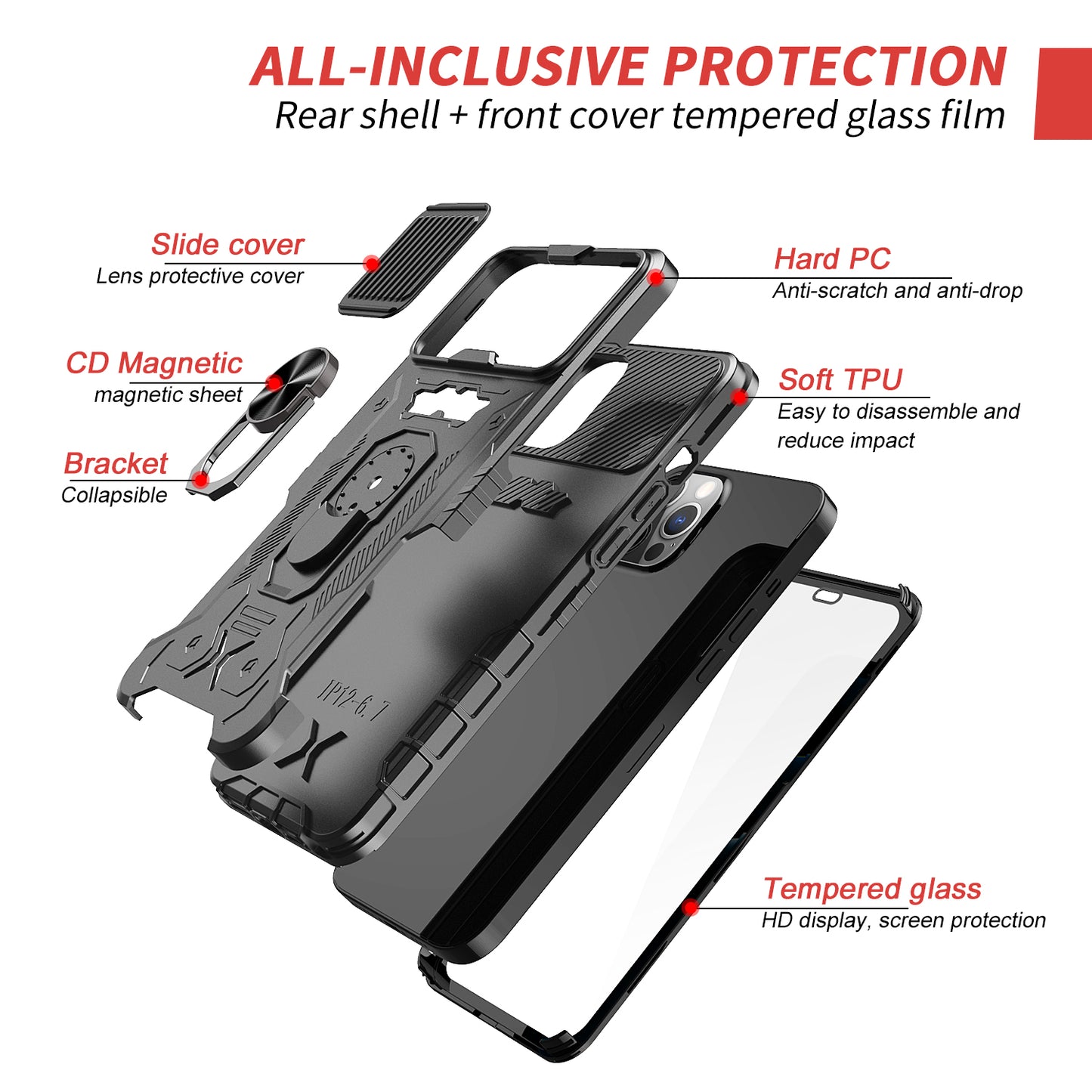 All-round Protection Hard PC + TPU Hybrid Phone Case Cover with Tempered Glass Film Kickstand for iPhone 13 Pro Max 6.7 inch