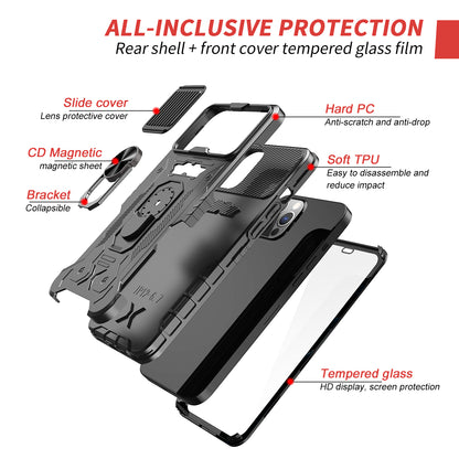 All-round Protection Hard PC + TPU Hybrid Phone Case Cover with Tempered Glass Film Kickstand for iPhone 13 Pro Max 6.7 inch