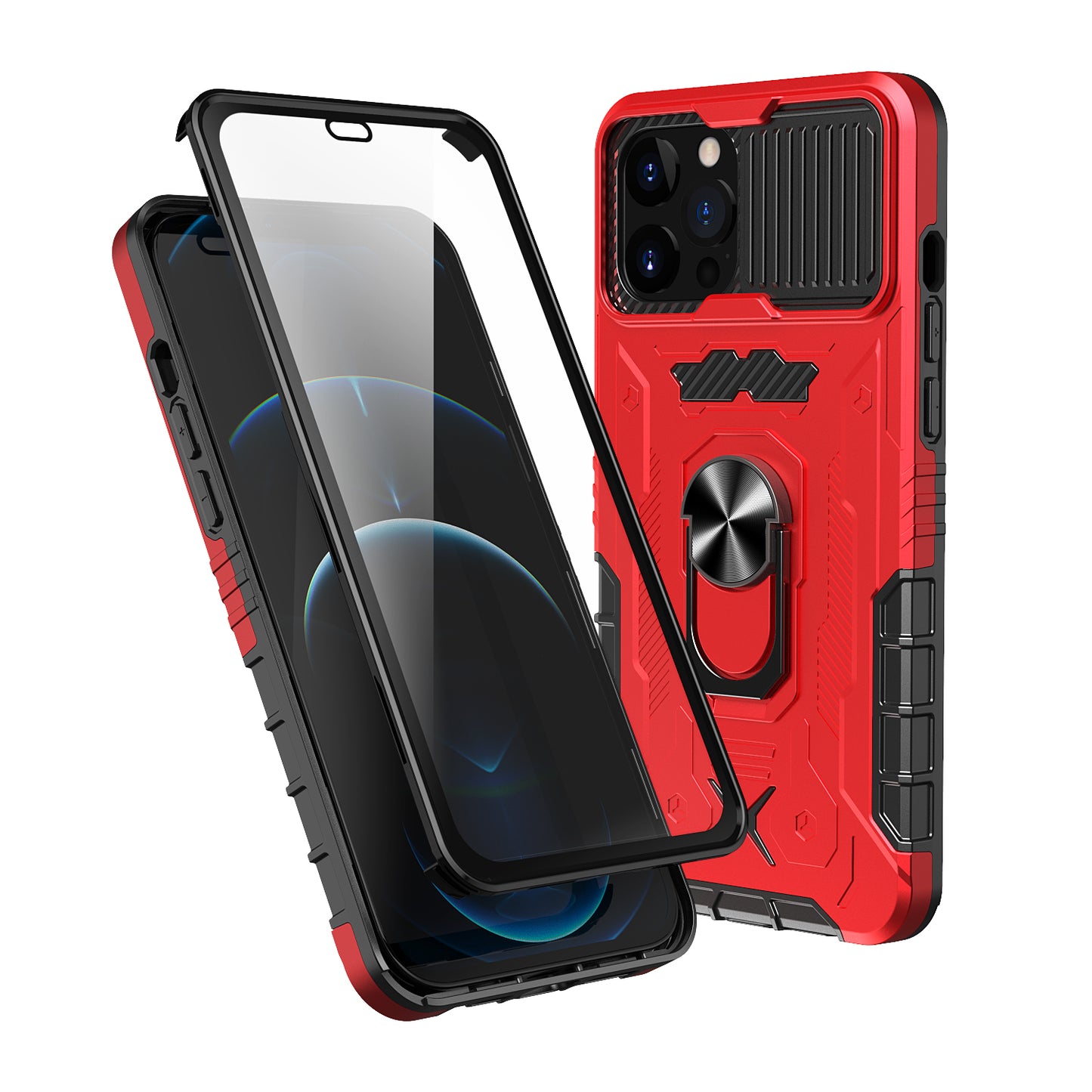 All-round Protection Hard PC + TPU Hybrid Phone Case Cover with Tempered Glass Film Kickstand for iPhone 13 Pro Max 6.7 inch