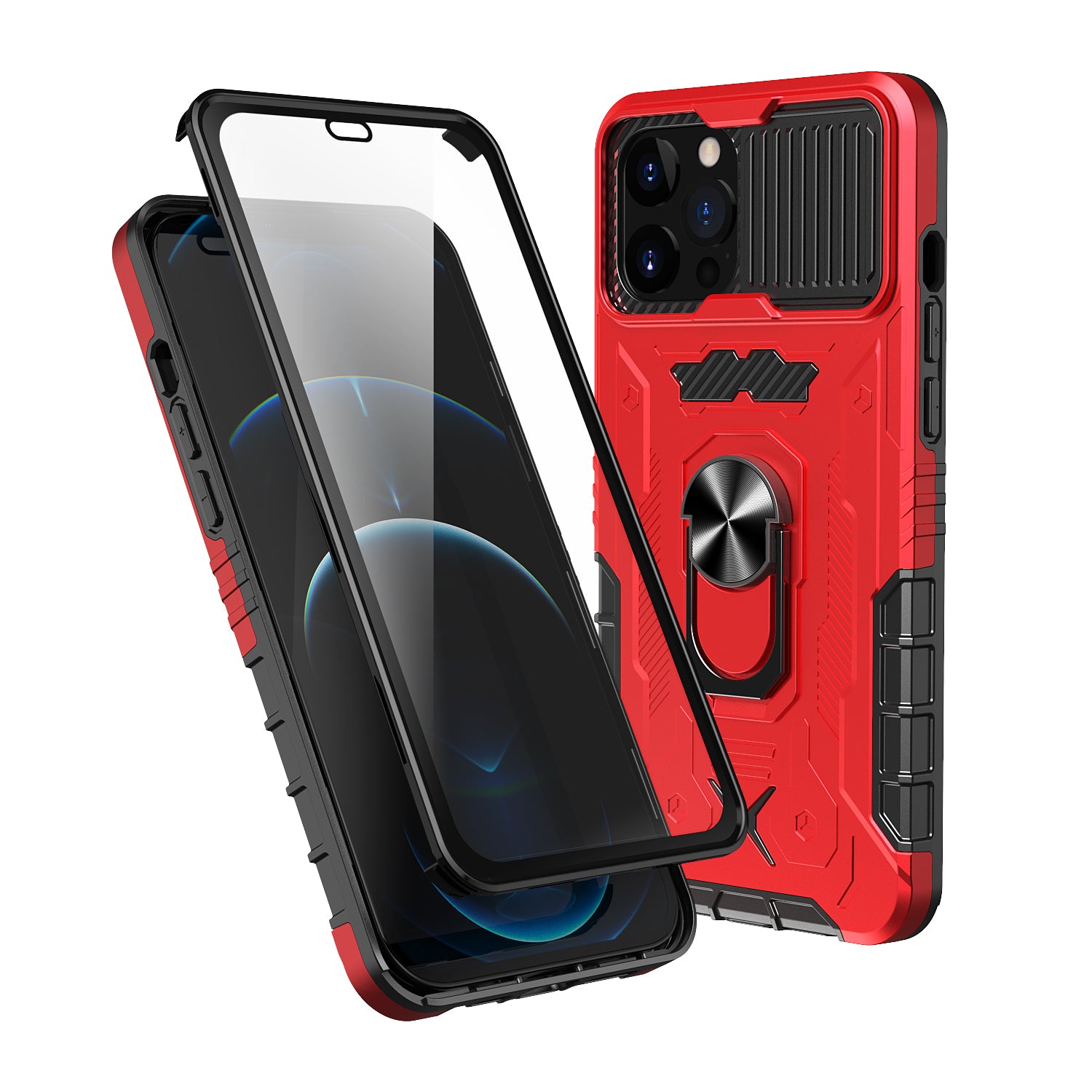 All-round Protection Hard PC + TPU Hybrid Phone Case Cover with Tempered Glass Film Kickstand for iPhone 13 Pro Max 6.7 inch
