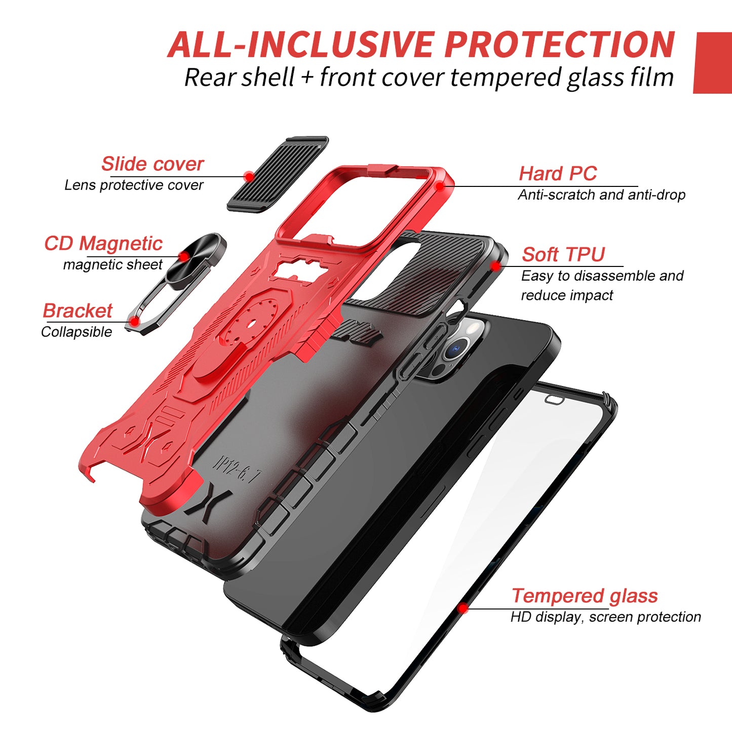 All-round Protection Hard PC + TPU Hybrid Phone Case Cover with Tempered Glass Film Kickstand for iPhone 13 Pro Max 6.7 inch