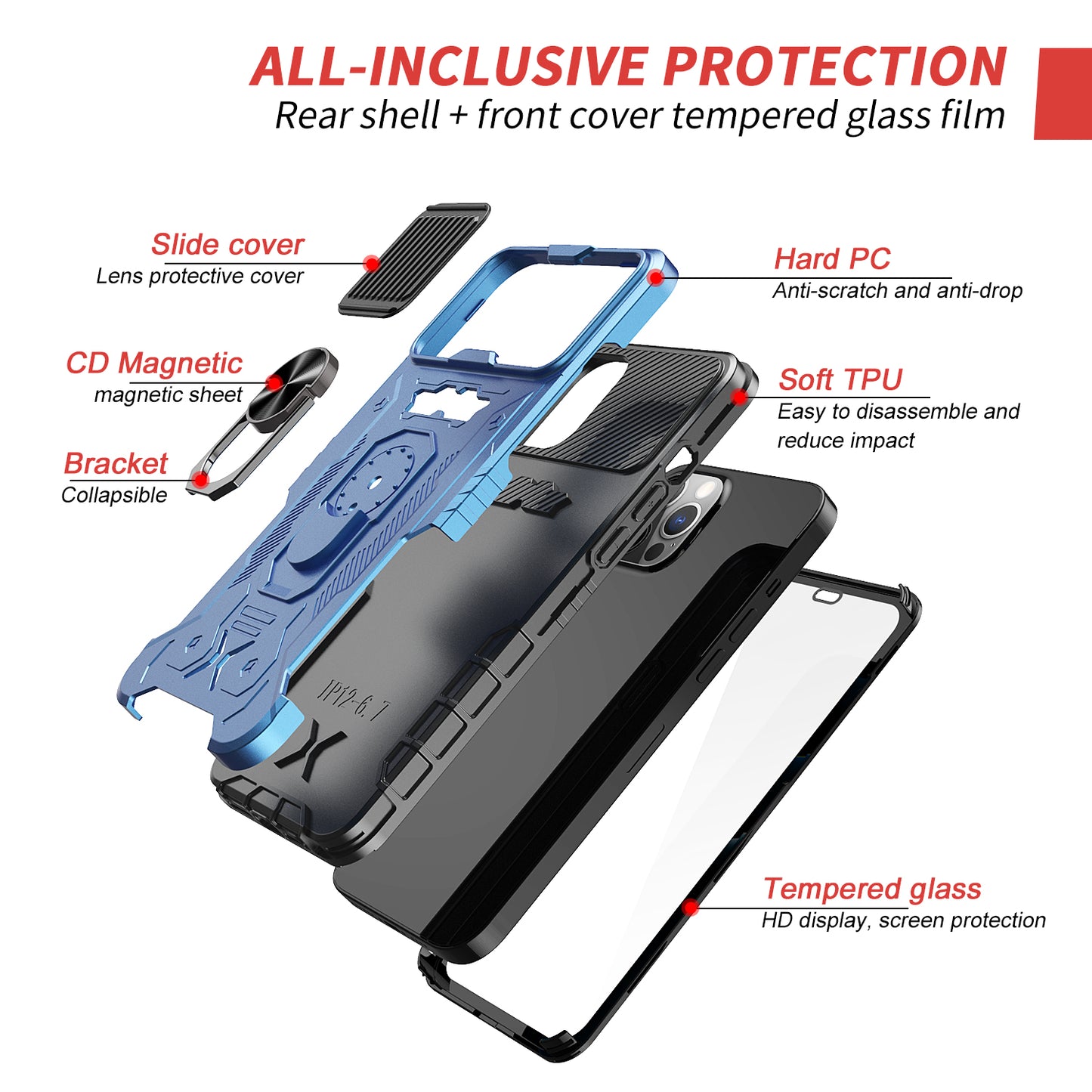 All-round Protection Hard PC + TPU Hybrid Phone Case Cover with Tempered Glass Film Kickstand for iPhone 13 Pro Max 6.7 inch