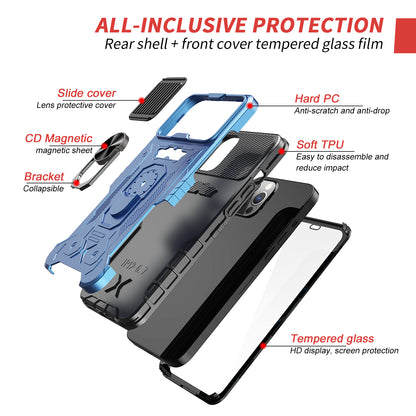 All-round Protection Hard PC + TPU Hybrid Phone Case Cover with Tempered Glass Film Kickstand for iPhone 13 Pro Max 6.7 inch