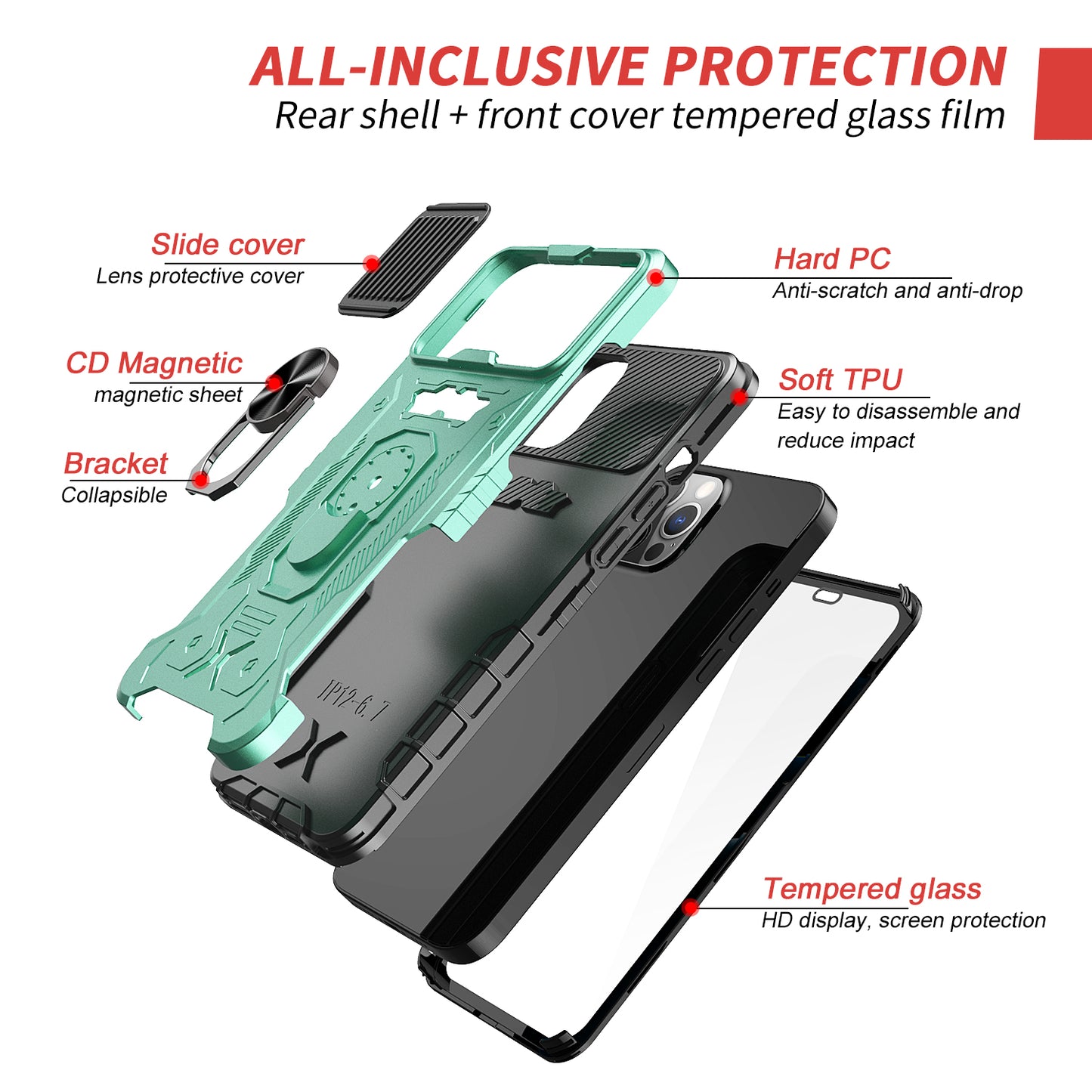 All-round Protection Hard PC + TPU Hybrid Phone Case Cover with Tempered Glass Film Kickstand for iPhone 13 Pro Max 6.7 inch