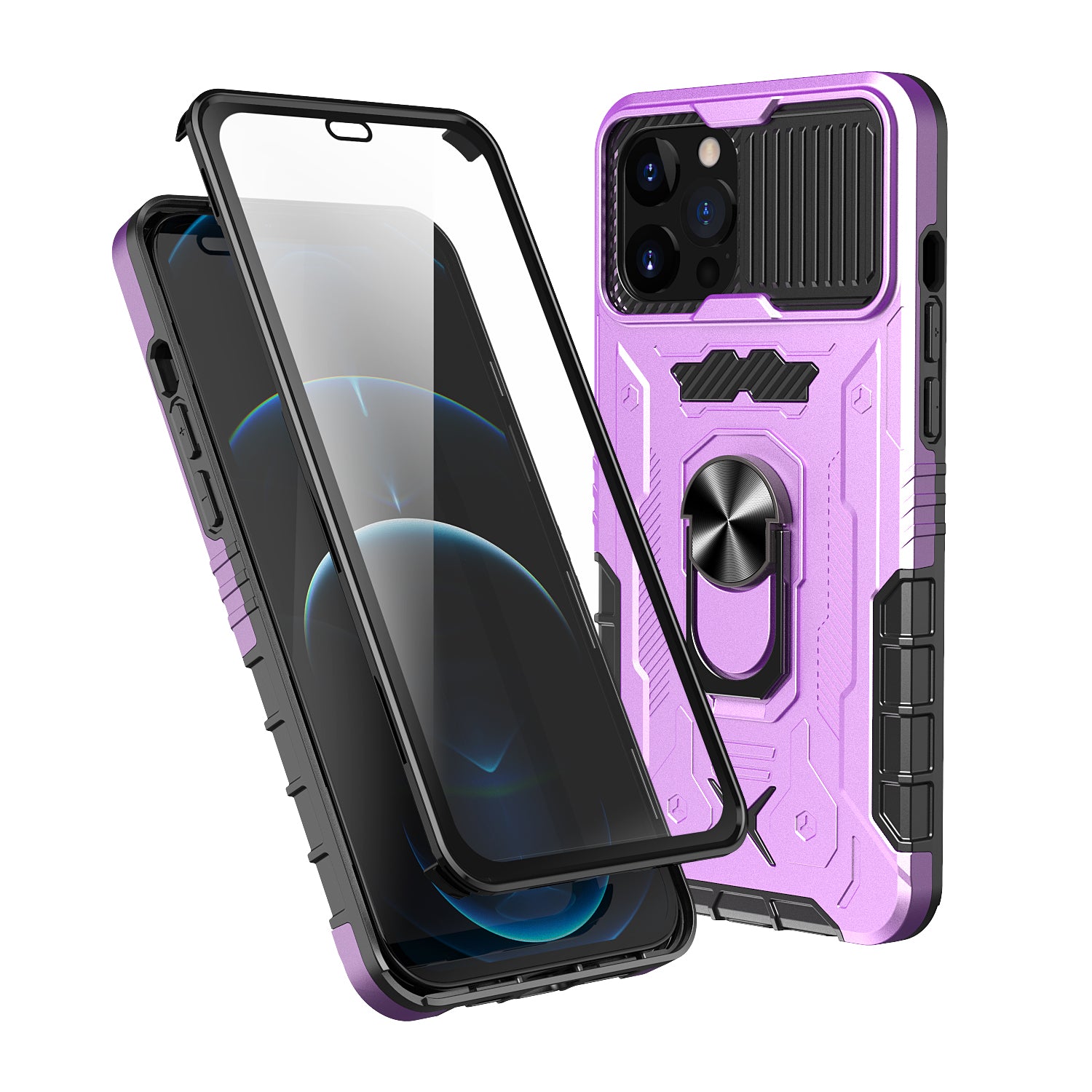 All-round Protection Hard PC + TPU Hybrid Phone Case Cover with Tempered Glass Film Kickstand for iPhone 13 Pro Max 6.7 inch