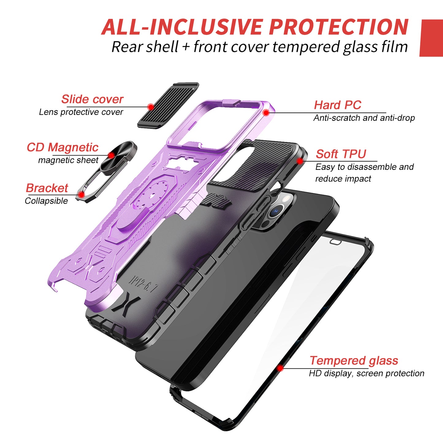 All-round Protection Hard PC + TPU Hybrid Phone Case Cover with Tempered Glass Film Kickstand for iPhone 13 Pro Max 6.7 inch