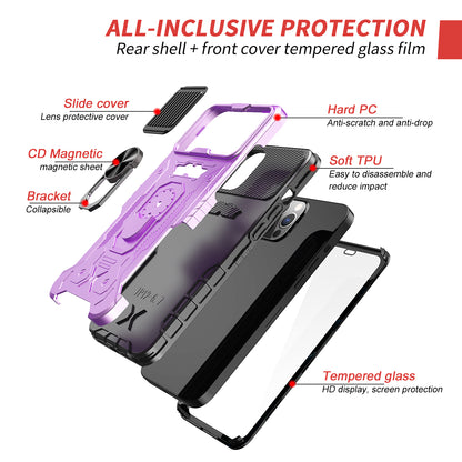 All-round Protection Hard PC + TPU Hybrid Phone Case Cover with Tempered Glass Film Kickstand for iPhone 13 Pro Max 6.7 inch