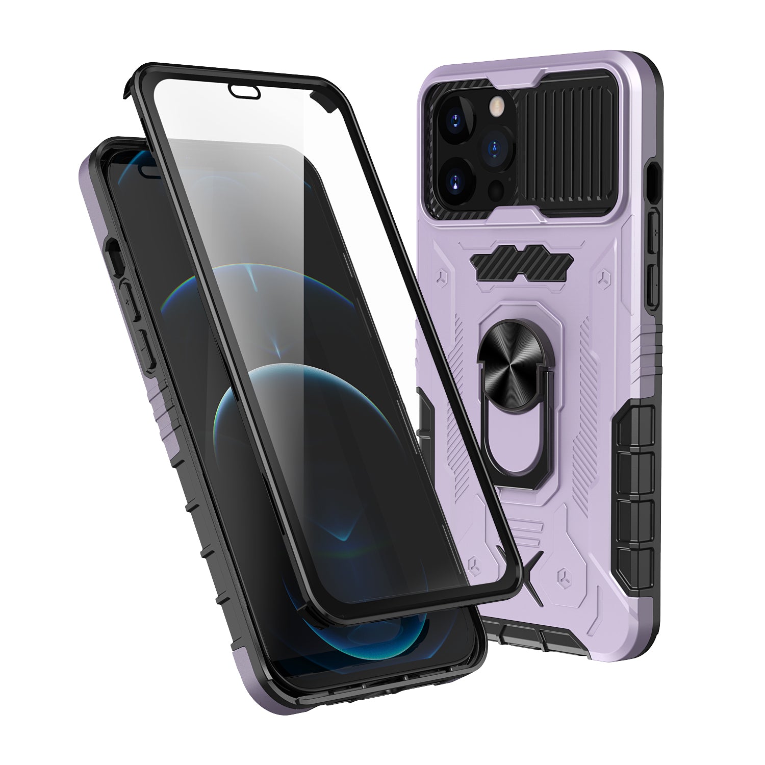 All-round Protection Hard PC + TPU Hybrid Phone Case Cover with Tempered Glass Film Kickstand for iPhone 13 Pro Max 6.7 inch