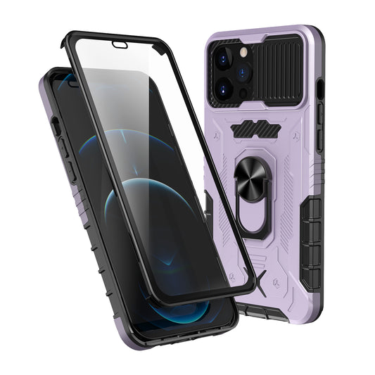 All-round Protection Hard PC + TPU Hybrid Phone Case Cover with Tempered Glass Film Kickstand for iPhone 13 Pro Max 6.7 inch