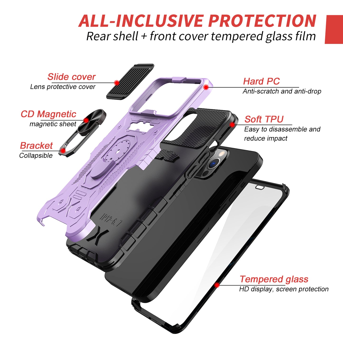 All-round Protection Hard PC + TPU Hybrid Phone Case Cover with Tempered Glass Film Kickstand for iPhone 13 Pro Max 6.7 inch