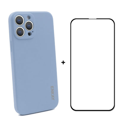 ENKAY HAT PRINCE Scratch-Resistant Liquid Silicone Straight Edging Phone Cover + Full Coverage Tempered Glass Silk Print Full Glue Protector Set for iPhone 13 Pro 6.1 inch