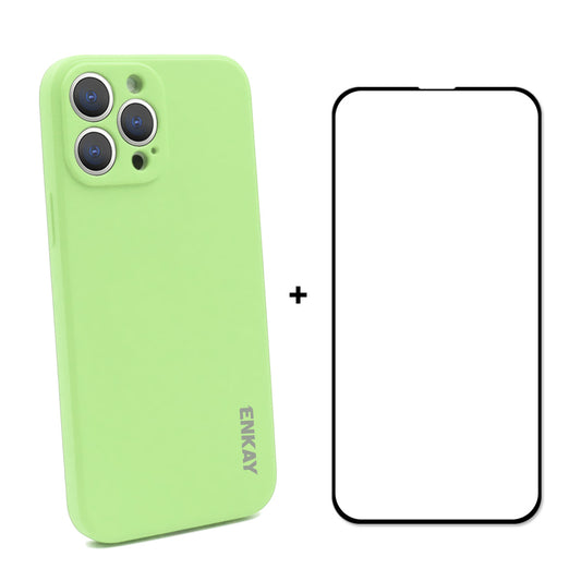 ENKAY HAT PRINCE Smooth Touch Flexible Liquid Silicone Straight Edging Phone Cover + Full Coverage Tempered Glass Silk Print Full Glue Protector Set for iPhone 13 Pro Max 6.7 inch