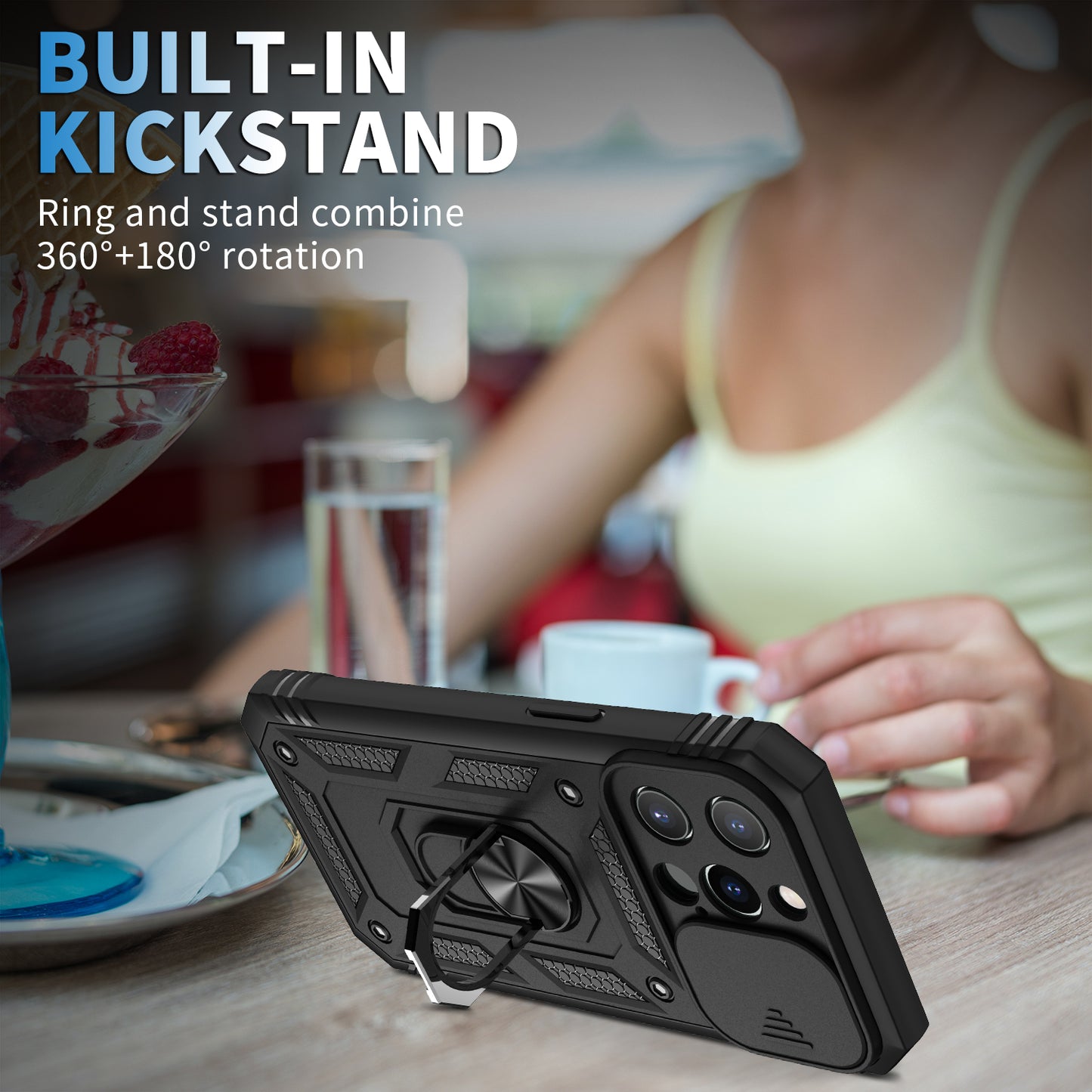Anti-Drop Well-Protected Camera Slider Design Metal Kickstand 3-in-1 TPU + PC Phone Cover Case for iPhone 13 Pro 6.1 inch