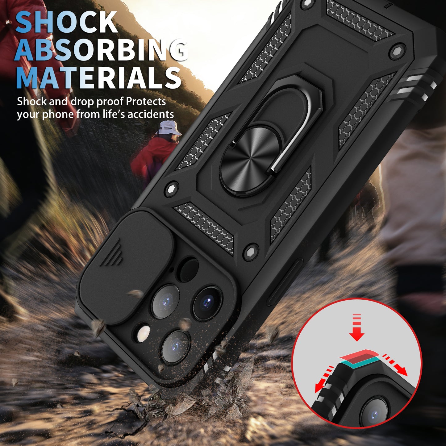 Anti-Drop Well-Protected Camera Slider Design Metal Kickstand 3-in-1 TPU + PC Phone Cover Case for iPhone 13 Pro 6.1 inch