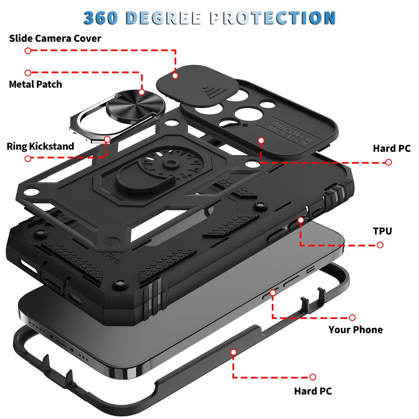 Anti-Drop Well-Protected Camera Slider Design Metal Kickstand 3-in-1 TPU + PC Phone Cover Case for iPhone 13 Pro 6.1 inch