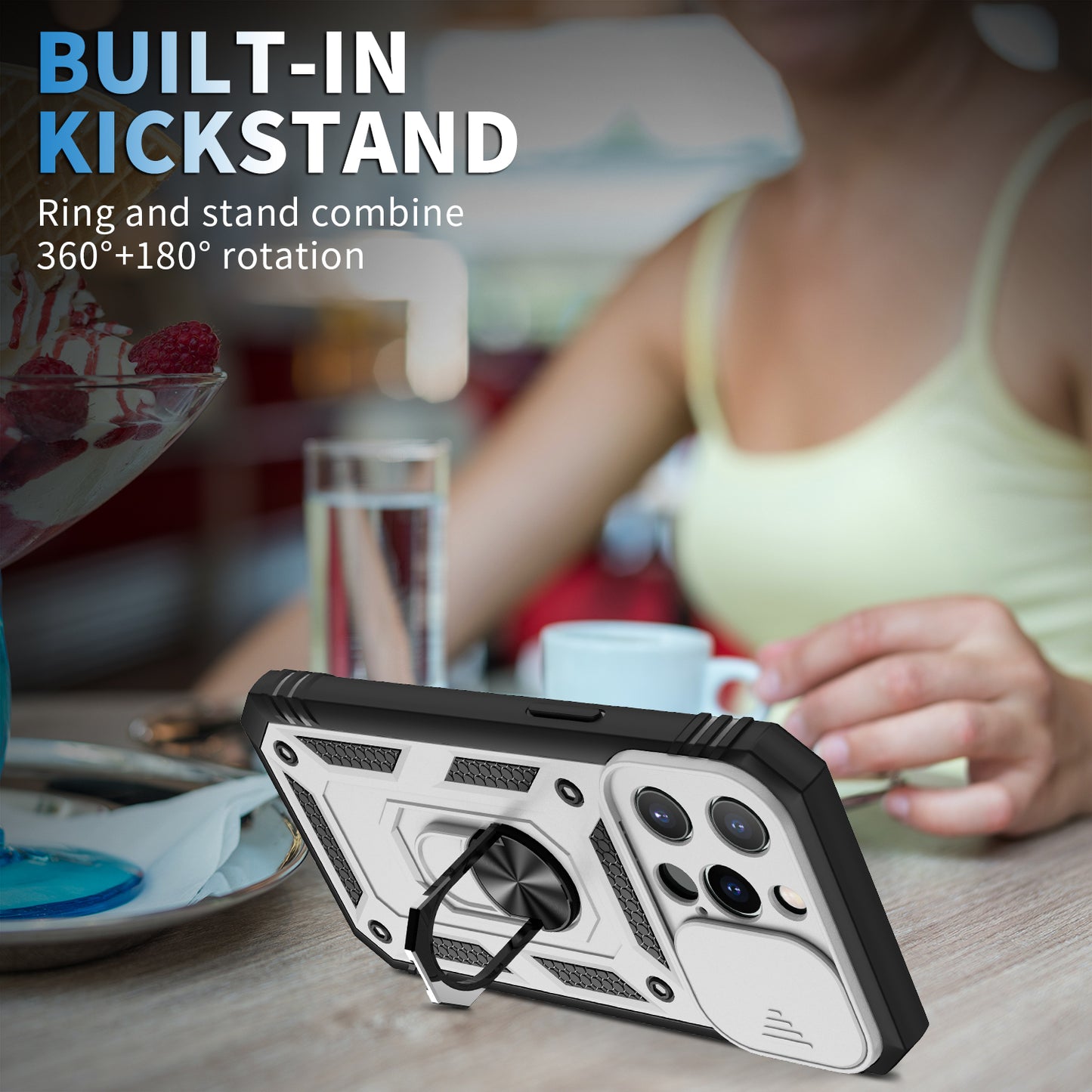 Anti-Drop Well-Protected Camera Slider Design Metal Kickstand 3-in-1 TPU + PC Phone Cover Case for iPhone 13 Pro 6.1 inch