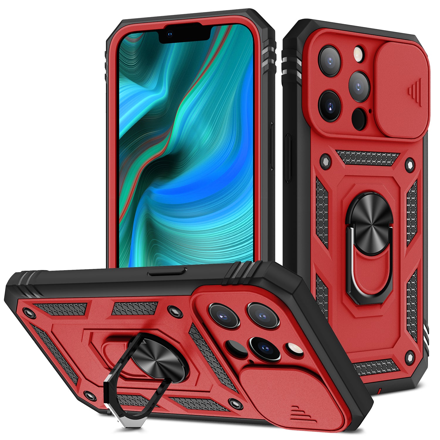 Anti-Drop Well-Protected Camera Slider Design Metal Kickstand 3-in-1 TPU + PC Phone Cover Case for iPhone 13 Pro 6.1 inch