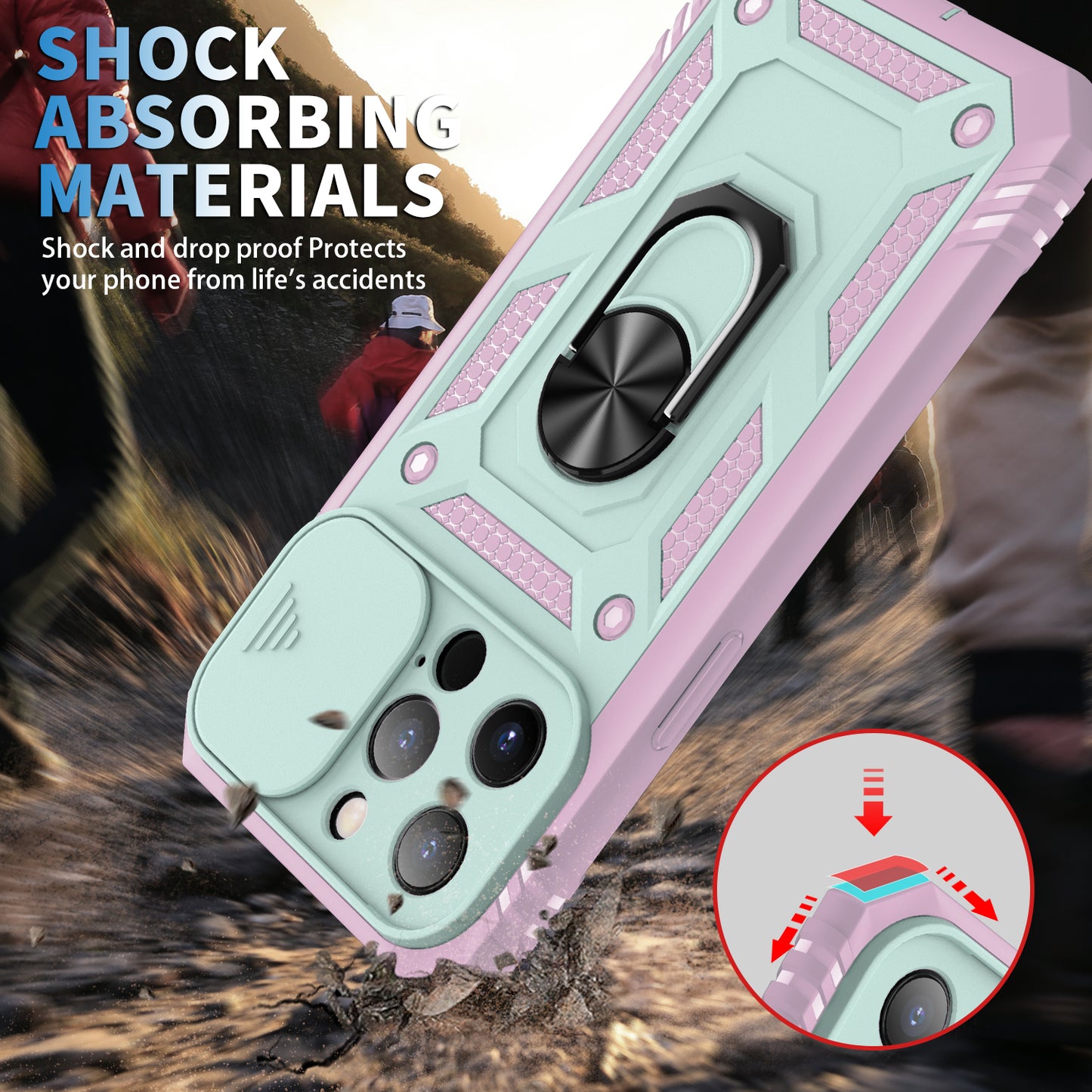 Anti-Drop Well-Protected Camera Slider Design Metal Kickstand 3-in-1 TPU + PC Phone Cover Case for iPhone 13 Pro 6.1 inch