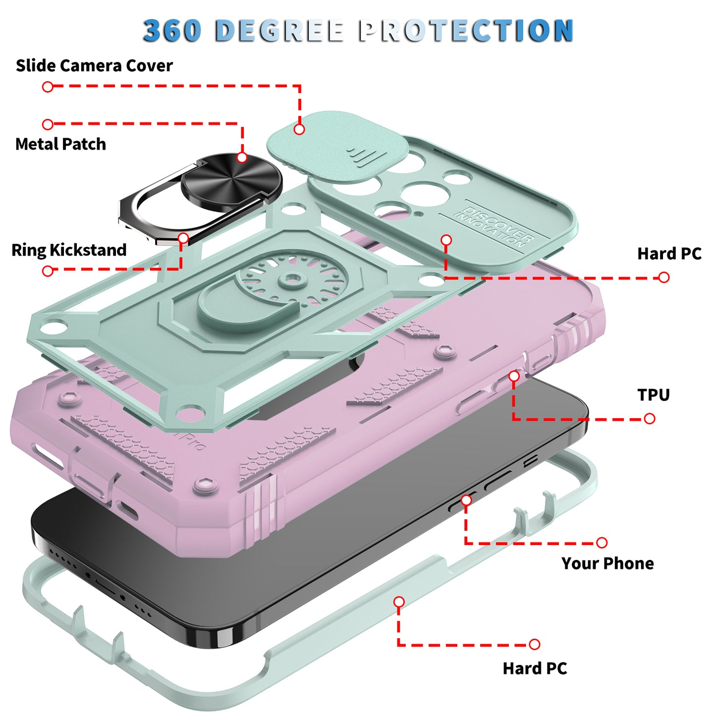 Anti-Drop Well-Protected Camera Slider Design Metal Kickstand 3-in-1 TPU + PC Phone Cover Case for iPhone 13 Pro 6.1 inch