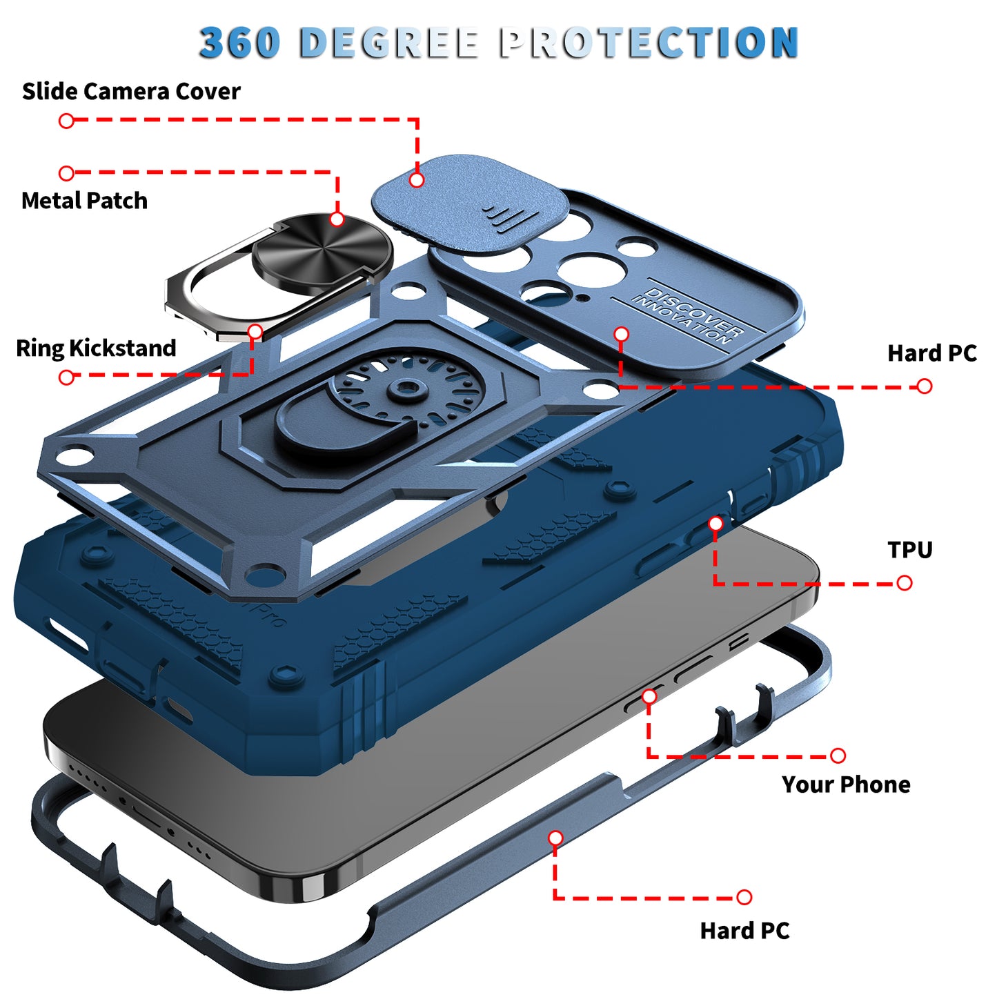 Anti-Drop Well-Protected Camera Slider Design Metal Kickstand 3-in-1 TPU + PC Phone Cover Case for iPhone 13 Pro 6.1 inch