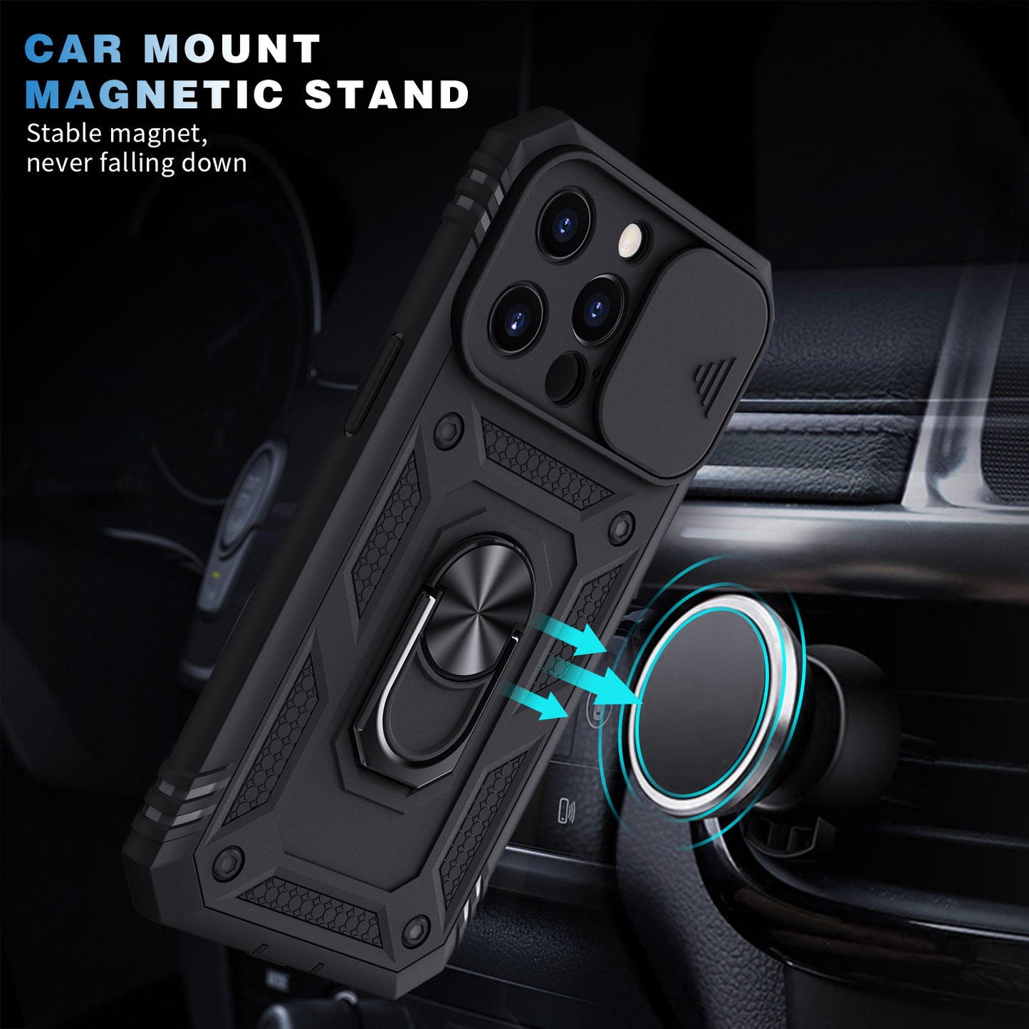 Card Slot Design Anti-Fall Camera Slider Metal Kickstand 3-in-1 TPU + PC Phone Cover Case for iPhone 13 Pro Max 6.7 inch