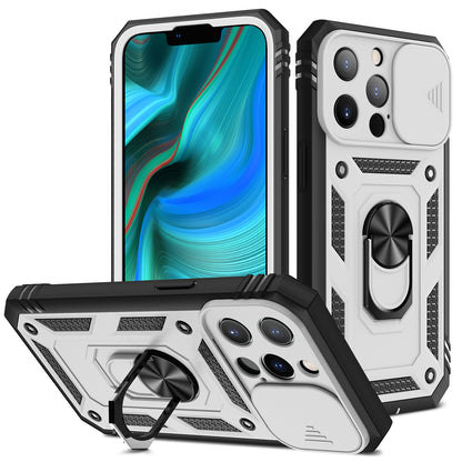 Card Slot Design Anti-Fall Camera Slider Metal Kickstand 3-in-1 TPU + PC Phone Cover Case for iPhone 13 Pro Max 6.7 inch