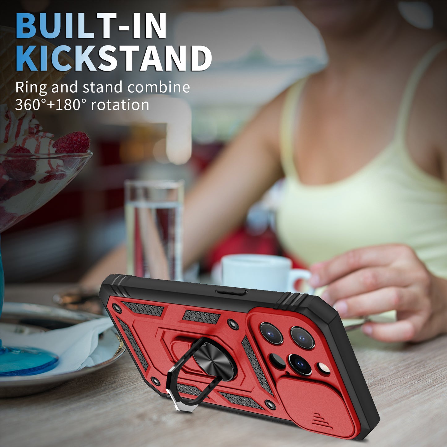 Card Slot Design Anti-Fall Camera Slider Metal Kickstand 3-in-1 TPU + PC Phone Cover Case for iPhone 13 Pro Max 6.7 inch