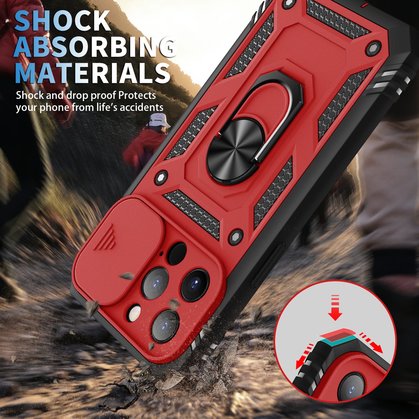 Card Slot Design Anti-Fall Camera Slider Metal Kickstand 3-in-1 TPU + PC Phone Cover Case for iPhone 13 Pro Max 6.7 inch