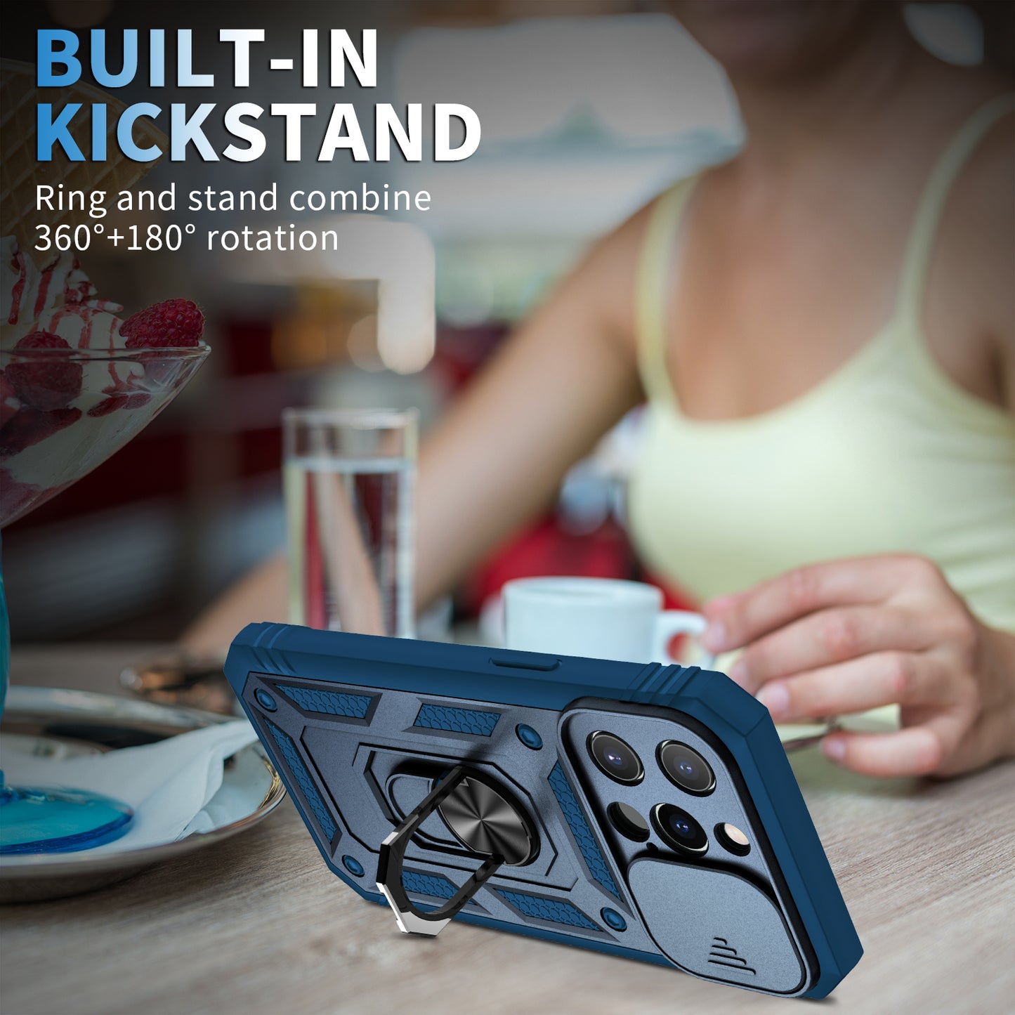 Card Slot Design Anti-Fall Camera Slider Metal Kickstand 3-in-1 TPU + PC Phone Cover Case for iPhone 13 Pro Max 6.7 inch