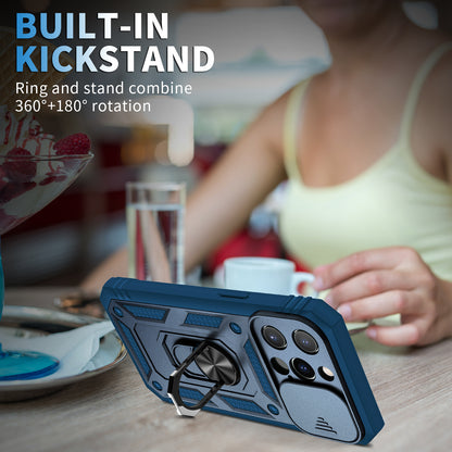 Card Slot Design Anti-Fall Camera Slider Metal Kickstand 3-in-1 TPU + PC Phone Cover Case for iPhone 13 Pro Max 6.7 inch